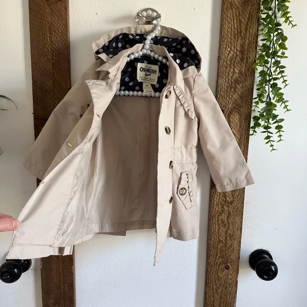 Oshkosh B'Gosh Polka Dot Hooded Double Breasted Beige Trench Coat Size 18M Girl